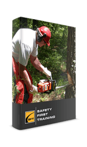 A man in red helmet using an orange chainsaw.