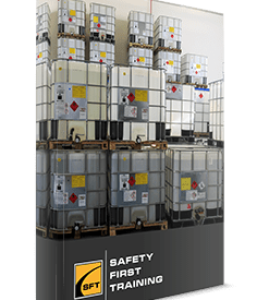 A stack of chemical containers in front of the safety first training logo.