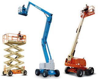 A group of three telescopic lifts with people on them.