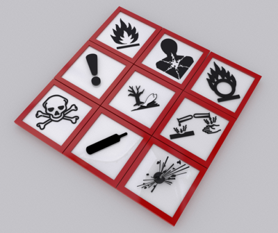 A red and white tile with various symbols on it.