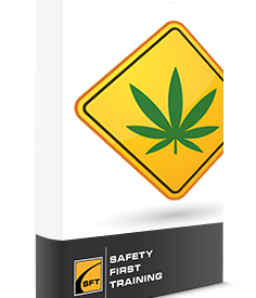 A yellow and green sign with a marijuana leaf on it.