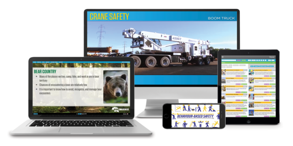 A laptop, phone and monitor are all showing crane safety.
