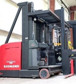 A forklift is parked in front of a building.